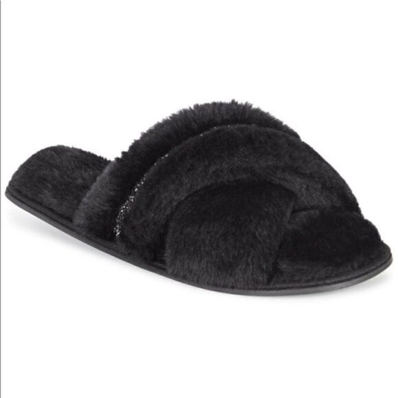INC Black Faux-Fur Crossband Slippers Slides Women's Large 9-10 New - Picture 1 of 3